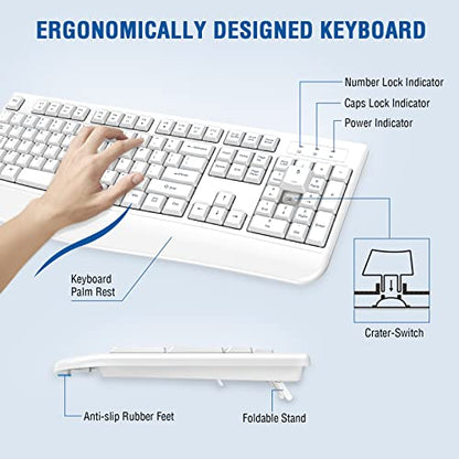 Wireless Keyboard and Mouse Combo, EDJO Full-Sized Ergonomic Computer Keyboard with Wrist Rest and 3 Level DPI Adjustable Wireless Mouse for Windows, Mac OS Desktop/Laptop/PC (White) - color: White