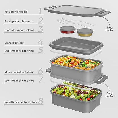 Jelife Adult Bento Box Lunch Box - 3 Layers Stackable Bento Lunch Box for Adults, 72oz Large-Style All-in-One Bento Boxes Leak-Proof Lunchbox with Utensil Sauce Containers for Dining Out,Work, Grey - color: 1-Grey