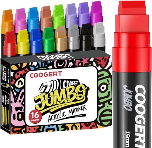 Coogert 16 Colors Jumbo Poster Markers, 15MM Thick Permanent Acrylic Graffiti Markers, Wide Tip Paint Marker for Canvas, Posters Board, Fabric, Window, Wood,Teachers,Banner painting supplies - color: 16 Colors