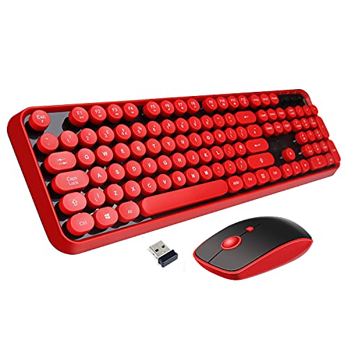 Wireless Keyboard Mouse Combo, 2.4GHz Wireless Typewriter Keyboard with 104 Cute Retro Round Keys, Letton Full Size Keyboard and Mouse with 3 DPI for Computer Mac PC Laptop-Black/Red - color: Black Red