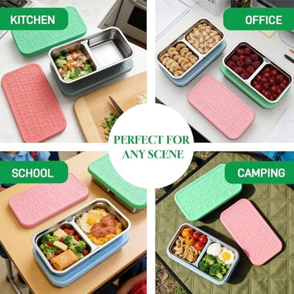 3 Pack 15oz Stainless Steel Snack Containers for Kids, Reusable Metal Snack Containers with Silicone lids, Leak Proof 2 Compartment Stackable Metal Toddler Lunch Box for Daycare, School