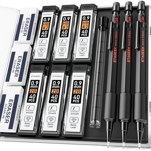 STAGEEK 0.9mm Mechanical Pencil Set, 3PCS Metal Mechanical Pencils 0.9mm with 6 Tubes HB & 2B Lead Refills,Erasers, Weatherproof Artist Pencils with Case for Outdoor Writing Drafting Drawing - size: 0.9 MM, style: 21 PCS