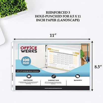 Performore 100-Pack Landscape Sheet Protectors | 11×8.5" Clear Top-Loading Sleeves | 3-Hole Punched, Acid-Free, Archival Safe Plastic for Binders, Scrapbooks, Photos & Documents - size: 100 Pack