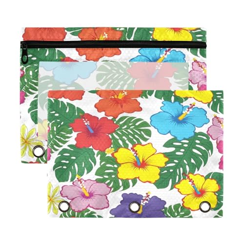 Blueangle Hawaiian Palm Leaves Pencil Pouch for 3 Ring Binder, 2 Pack Clear Window Zipper Pencil Bags for Office