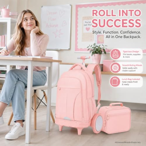 AGSDON Quiet Glide Rolling Backpack with Lunch Box Set - Large Wheel Water-Resistant Wheeled Bag for Business, Travel, and College | Blush Pink 3-in-1 Organizer Backpack - color: Reflective Pink - Rolling Backpack
