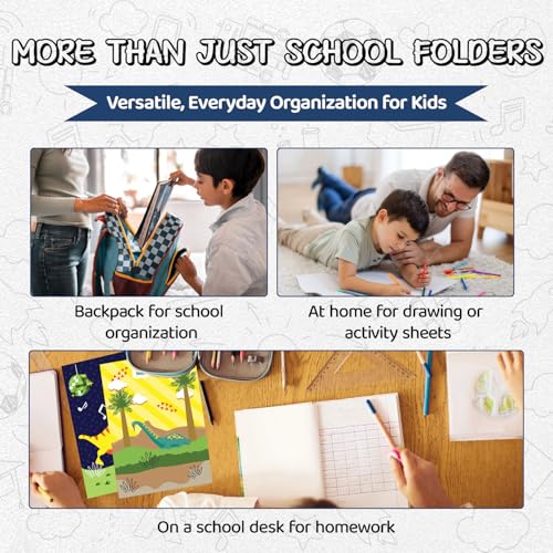 8 School Folders - Cute Pocket Folders with 8 Unique Dinosaur Designs in Front, Back Cover and Inside - Kids Pocket Folders - Homework Folders - Dinosaur Folders - 12 x 9.25 Inches (Pack of 8) - style: Dinosaur