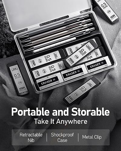 4PCS Metal Mechanical Pencil Set, 0.5mm Fine Point, Pack with Storage Case | 480 Leads, 3 Erasers+9 Refills, For School Writing, Sketching, Art Drawing & Professional Drafting - style: 0.5MM
