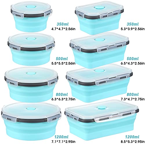 Mimorou 8 Pcs Collapsible Food Storage Containers Foldable Silicone Lunch Containers with Lids 4 Silicone Rectangle Collapsible Bowls and 4 Round Food Bowls Microwave Freezer Dishwasher Safe (Blue) - color: Blue