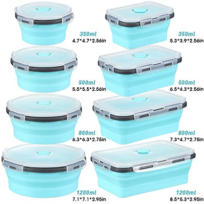 Mimorou 8 Pcs Collapsible Food Storage Containers Foldable Silicone Lunch Containers with Lids 4 Silicone Rectangle Collapsible Bowls and 4 Round Food Bowls Microwave Freezer Dishwasher Safe (Blue) - color: Blue