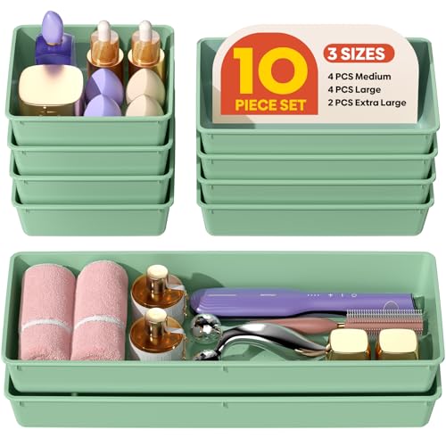 10 Pack Large Size Plastic Drawer Organizers Set, 3 Sizes Desk Drawer Organizer Trays, Storage Bins for Vanity, Makeup, Bathroom, Kitchen Utensils and Office (Green) - color: Green