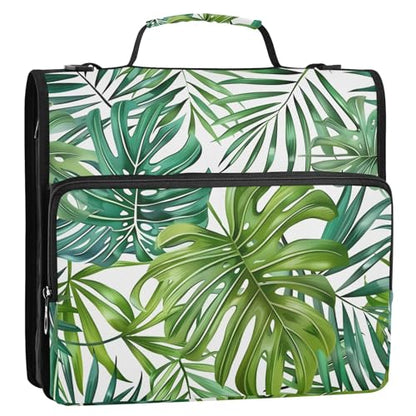 3 Ring Zipper Binder with Shoulder Strap Palm Leaves Tropical Plants Green 2 Inch Zippered Binder Bag 500 Sheet Capacity Multi Pockets for School Supplies - color: Multi15