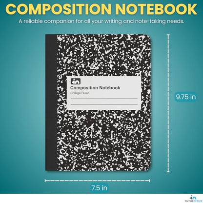 1InTheOffice Wide Ruled Composition Notebook 7.5" x 9.75", Wide Ruled Paper, 100 Sheets, White/Black, (8/Pack)
