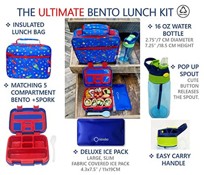 kinsho Bento Lunch Box, Water Bottle, Ice Pack Set For Kids Toddlers, 5 Portion Sections, Removable Plastic Tray, Small Pre School Daycare Lunches, Snack Container, Blue Red Space Rocket - color: Blue Red Rocket Set