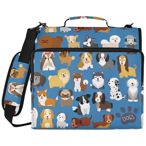 Zipper Binder Cute Dog Puppy Animal Bag with Shoulder Strap 3 Ring Binder Organizer Large Capacity Multiple Pockets for School Office - color: Blue Dog