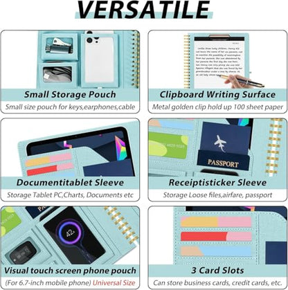 Blue Foldable Spiral Clipboard Folio with Storage Zipper Pouch, 5 Plastic Folders with Pockets,Refillable Lined Notepad (8.5" x 11"), Hardcover Project Organizer with 39 Stickers - color: Blue