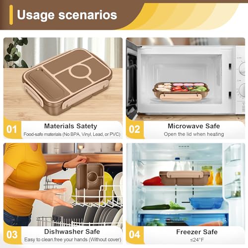 Amathley Bento Box Adult Lunch Box Kids,Lunch Containers for Adults/Kids/Toddler,5 Compartments Bento Lunch Box with Sauce Vontainers,Microwave & Dishwasher & Freezer Safe,BPA-Free (Brown) - color: Brown
