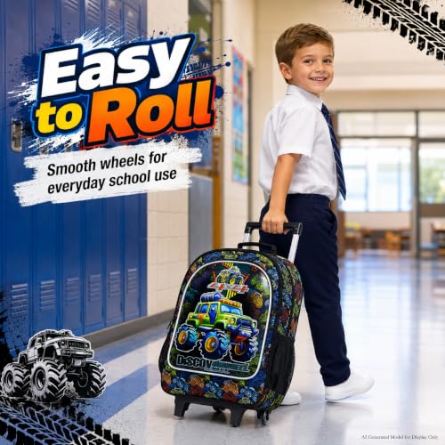AGSDON 3PCS Rolling Backpack for Girls and Boys, Kids Roller Wheels Bookbag, Wheeled Elementary School Bag with Lunch Bag - color: Truck Roll