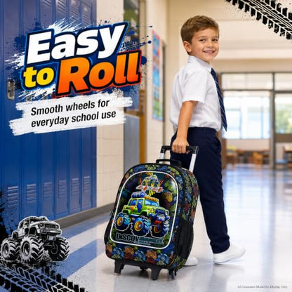 AGSDON 3PCS Rolling Backpack for Girls and Boys, Kids Roller Wheels Bookbag, Wheeled Elementary School Bag with Lunch Bag - color: Truck Roll