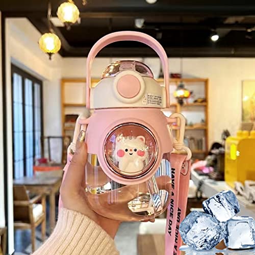 LEJN Kawaii Water Bottle with Adjustable Shoulder Strap Portable Leakproof BPA-free Cartoon Children Cup Capsule Bottle Traveling Hiking (Pink820ml) - color: Pink820ml