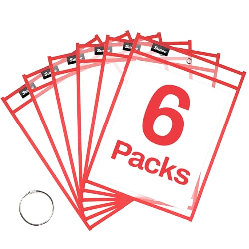 SUNEE 6 Packs Oversized Reusable Dry Erase Pocket Sleeves with Ring, Red 10x14 Ticket Holders, Clear Plastic Sheet Protectors, Teacher School Classroom Supplies - color: Red, style: 6 Pack