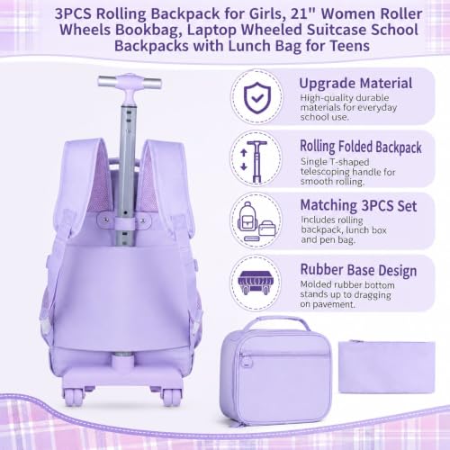 AGSDON Rolling Backpack for Girls, 21" Women Roller Wheels Bookbag, Laptop Wheeled Suitcase School Backpacks with Lunch Bag for Teens - color: Square Purple