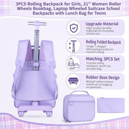 AGSDON Rolling Backpack for Girls, 21" Women Roller Wheels Bookbag, Laptop Wheeled Suitcase School Backpacks with Lunch Bag for Teens - color: Square Purple
