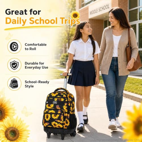 3Pcs Rolling Backpack for Girls, 19 Women Inche Roller Bag with Wheels, Sunflower Wheeled Bookbag Set for Adults(Yellow) - color: Sunflower
