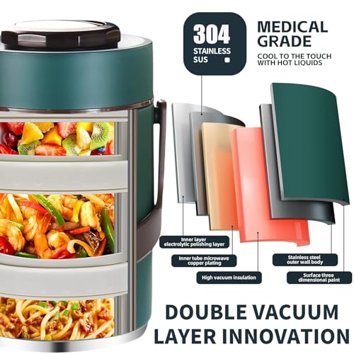 67 oz Adults Stainless Steel Vacuum Insulated Wide Mouth Soup Food Thermo Hot Food Jar with Keep Thermal Portable 3 Tier Stackable Bento Hot Food Containers Lunch Boxes (67 oz Green) - color: 67 oz Green