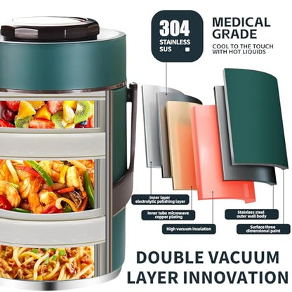 67 oz Adults Stainless Steel Vacuum Insulated Wide Mouth Soup Food Thermo Hot Food Jar with Keep Thermal Portable 3 Tier Stackable Bento Hot Food Containers Lunch Boxes (67 oz Green) - color: 67 oz Green