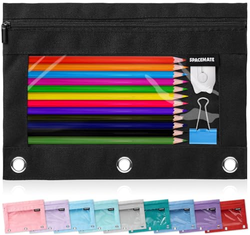 SPACEMATE Binder Pencil Pouch Case Box Bag for 3 Ring Binder School Supplies Girls Boys Kids, Clear Preppy Stuff Large Aesthetic Pen Organizer, Back to College Stationary, 1 Pack, Coal Black - color: Coal Black
