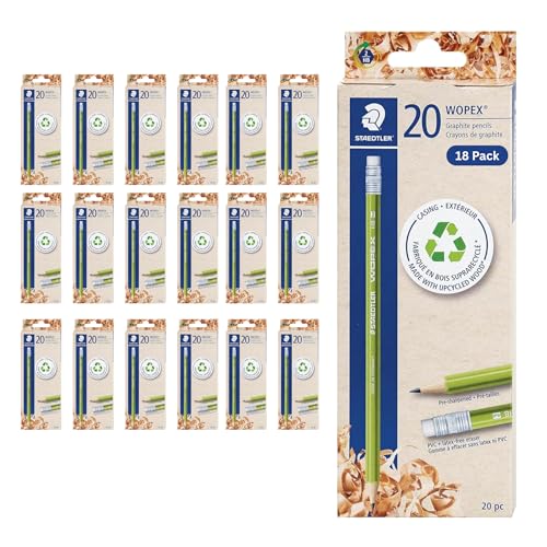 STAEDTLER WOPEX Pre-Sharpened #2 Pencils, 20 Pcs 18-Pack (18 sets of 20 pcs)- Ergonomic Triangular Shape, Break-Resistant, Non-Slip Surface, Wood-Polymer, PVC-Free Eraser Tip, 360 Count - style: 18 Pack