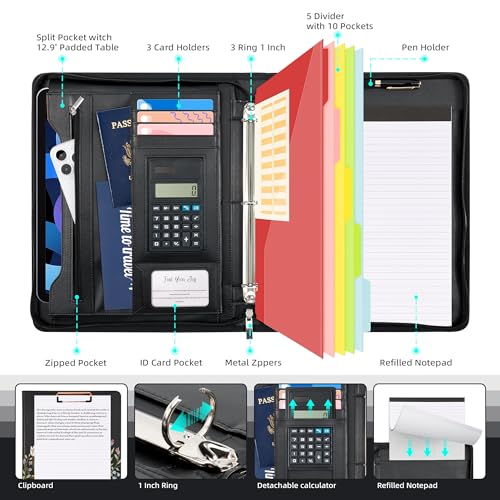 Ospelelf Leather Portfolio Folder with Zipper - 3 Ring Binder with Clipbard - Calculator, 12.1” Tablet Sleeve, 5 Dividers with 10 Pockets, Refillable Notepad, Card Holder (Bushes) - color: Bushes