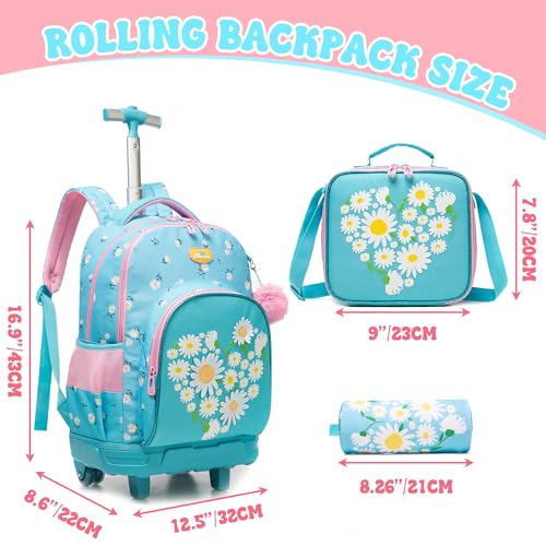 Girls Rolling Backpack Kids Backpacks with Wheels Travel Luggage for Elementary School Bookbag with Wheels Backpacks for Girls with Lunch Bag Set - color: Pink Blue Flower