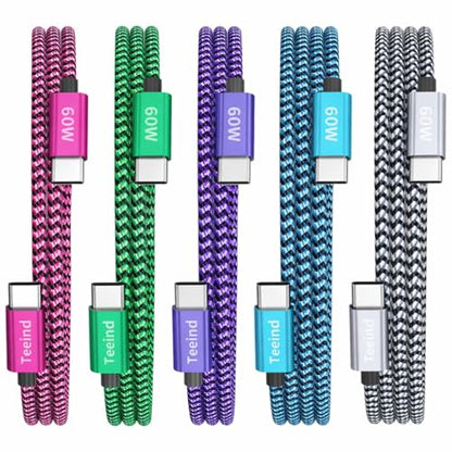 USB C Cable 5-Pack (2×6FT, 3×3FT), 60W PD Fast Charging USB-C to USB-C Cable, Compatible with iPhone 17/17 Pro, MacBook, iPad, Samsung Galaxy S25, for Home & Travel