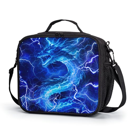 Blue Lightning Dragon Lunch Box for Boys Girls Kids Insulated Lunch Bag Cool Dinosaur Animal Reusable Lunch Cooler Tote Bags Thermal Lunchbags with Side Pocket for Work School Picnic - color: Dragon Blue