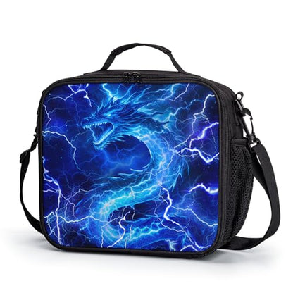 Blue Lightning Dragon Lunch Box for Boys Girls Kids Insulated Lunch Bag Cool Dinosaur Animal Reusable Lunch Cooler Tote Bags Thermal Lunchbags with Side Pocket for Work School Picnic - color: Dragon Blue