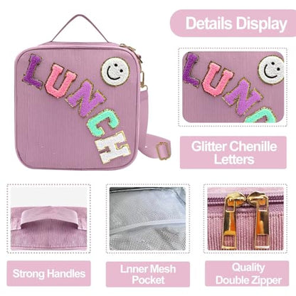 Insulated Lunch Bag With Adjustable Shoulder Strap, Cute Corduroy Preppy Lunch Box Large Insulated Lunch Bag Reusable Lunch Tote Bag (Purple) - color: Purple