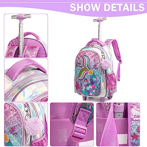 Meetbelify Mermaid Backpack with Wheels for Girls Rolling Backpack for Elementary Student Kids School Bag with Wheels Travel Luggage for Girls Age 6-8 - color: Mermaid Gold Love