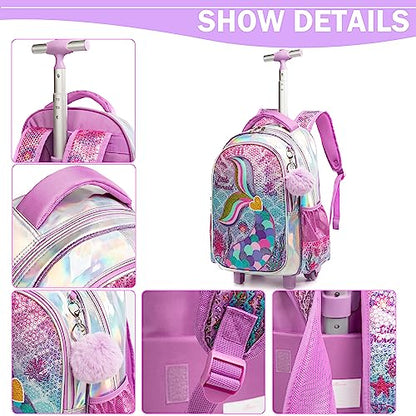 Meetbelify Mermaid Backpack with Wheels for Girls Rolling Backpack for Elementary Student Kids School Bag with Wheels Travel Luggage for Girls Age 6-8 - color: Mermaid Gold Love