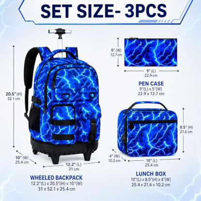 CCJPX Rolling Backpack for Boys, 3Pcs Roller Wheeled School Bookbag, Lightning Wheels Backpacks with Lunch Box for Kids (Blue) - color: Lightning Blue