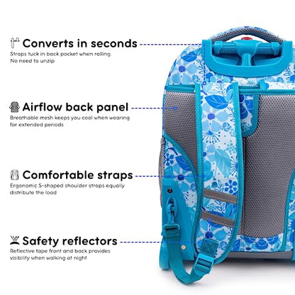 J World Sunrise Kids Rolling Backpack with Wheels for Girls Boys, Roller Bookbag for School, 18 x 13 x 9 Inches, Blue Vine - color: Blue Vine