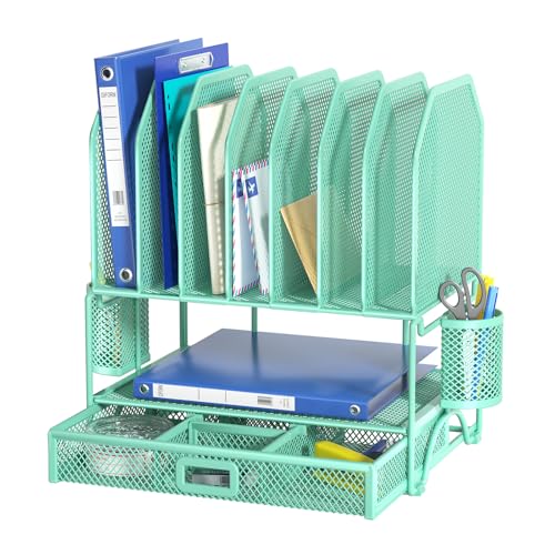 FANXIYQ Metal Desk Organizer with Sliding Drawer, 7-Section File Organizer for Desk, Desktop File Folder & Paper Organizer with 2 Hanging Pen Holders, Office Supplies Organizer, Green - color: Green