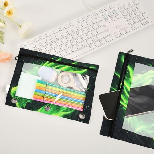 Kcldeci Pencil Pouch for 3 Ring Binder, Green Fire Head of Dragon 2 Pack Binder Pencil Pouch with Clear Window Pencil Bags with Zipper Pencil Case for Binder - color: B05