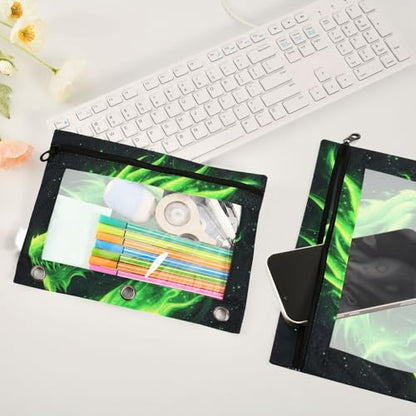 Kcldeci Pencil Pouch for 3 Ring Binder, Green Fire Head of Dragon 2 Pack Binder Pencil Pouch with Clear Window Pencil Bags with Zipper Pencil Case for Binder - color: B05