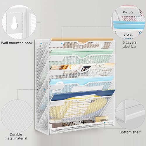 Lavatino 6-Tier Hanging File Organizer, Wall Mount File Holder for Mails Folders Papers Magazine Organization, Vertical Document Organizer for Office Home - (White)
