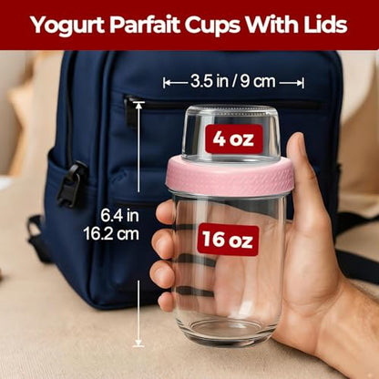 16+4 oz Glass Parfait Cups with Lids 2 Pack Yogurt To Go Containers | Dry Wet Separation, Overnight Oats Containers,Chia Pudding,Nuts, Fruit,Granola Toppings,Meal Prep Jars - color: Mixed color 4