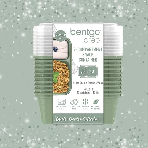Bentgo Prep - 2-Compartment Snack Containers with Lids - Reusable, Microwaveable, Durable, PFAS & BPA-Free, Freezer, & Dishwasher-Safe Meal Prep Food Storage - 10 Trays & 10 Lids (Basil Glitter) - color: Basil Glitter