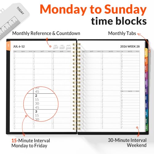 SUNEE 2026-2027 Appointment Book, Quarter-Hourly, Weekly & Monthly - from July 2026 to June 2027, 6.4"x8.3" Academic Planner, Flexible Cover, Note Pages, Bookmark, Spiral Binding, Black - color: Minimalist Black
