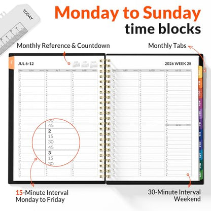 SUNEE 2026-2027 Appointment Book, Quarter-Hourly, Weekly & Monthly - from July 2026 to June 2027, 6.4"x8.3" Academic Planner, Flexible Cover, Note Pages, Bookmark, Spiral Binding, Black - color: Minimalist Black