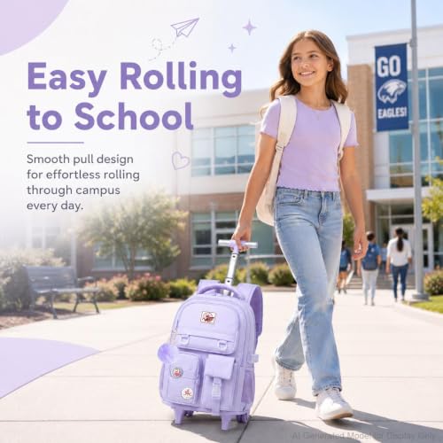 CCJPX Rolling Backpack for Girls Women, 21 inch Roller Wheels School Bookbag, Wheeled Suitcase Backpacks with Lunch Bag for Teen - Purple - color: Purple